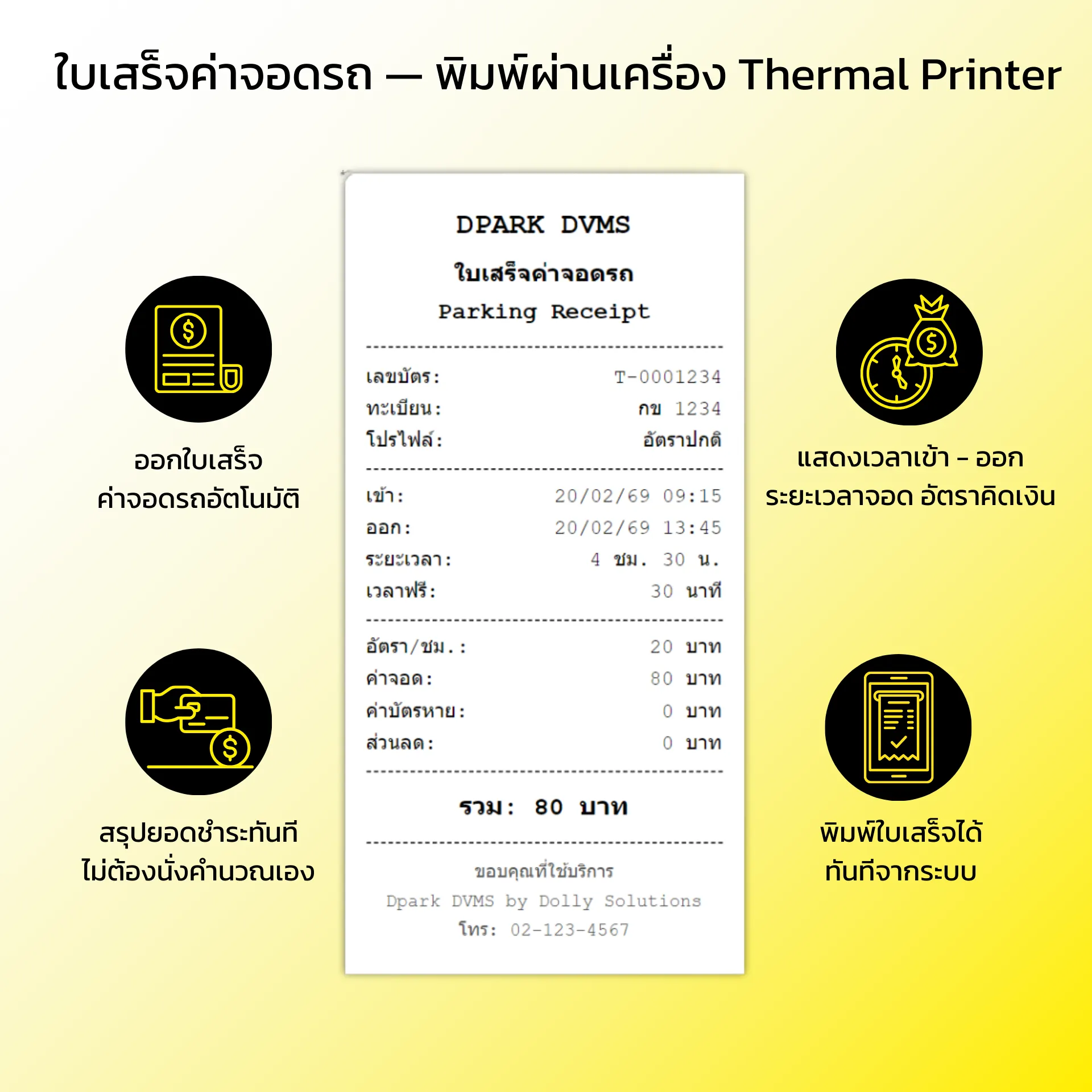 ใบเสร็จค่าจอดรถ — พิมพ์ผ่านเครื่อง Thermal Printer
