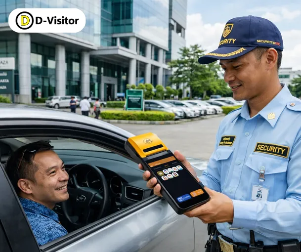 รปภ.กำลังแลกบัตรกับผู้มาติดต่อ