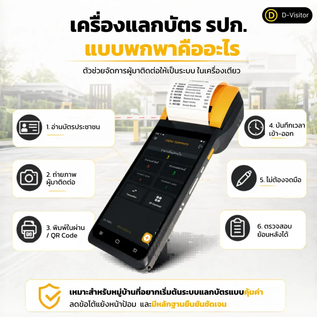 เครื่องแลกบัตร รปภ. แบบพกพา สำหรับอ่านบัตรประชาชน ถ่ายภาพผู้มาติดต่อ พิมพ์ใบผ่าน และบันทึกเวลาเข้าออก