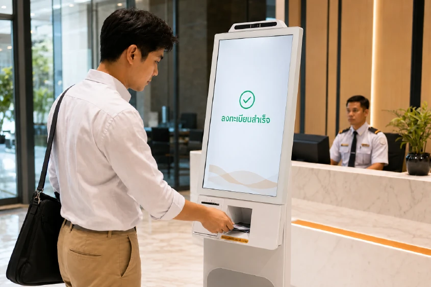 ผู้มาติดต่อวางบัตรประชาชนที่เครื่อง Visitor Management System ในล็อบบี้อาคารสำนักงาน