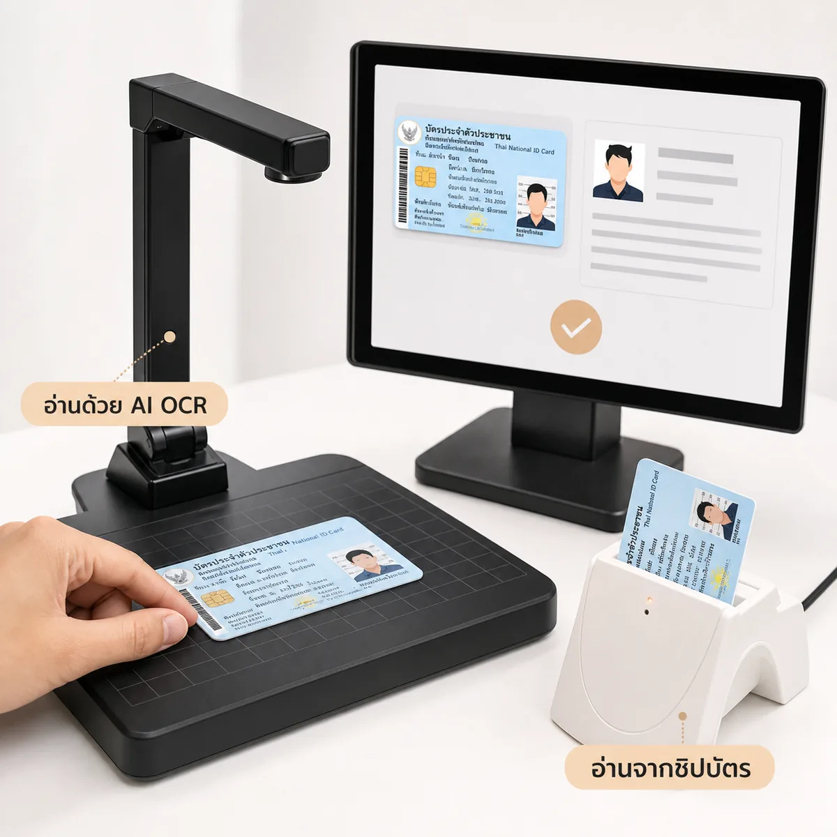 เครื่อง Visitor Management System อ่านบัตรประชาชนด้วย AI OCR และชิปบัตร แสดงข้อมูลบนหน้าจอ